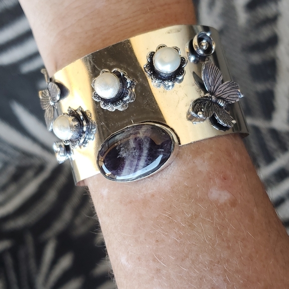 New Chevron Amethyst & Pearl 925 Silver Butterflies Adjustable Cuff Bracelet. - Picture 11 of 14